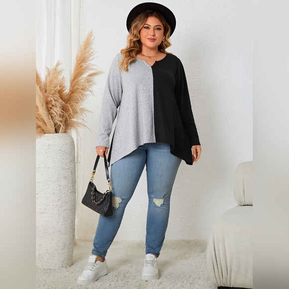 Honey Plus Size Contrast Notched Neck T-Shirt - Picture 2 of 5